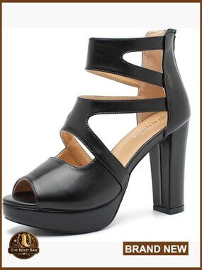 Platform Heeled Sandals, Cutout Strappy, Chunky Heel, Peep Toe, Back Zipper,
